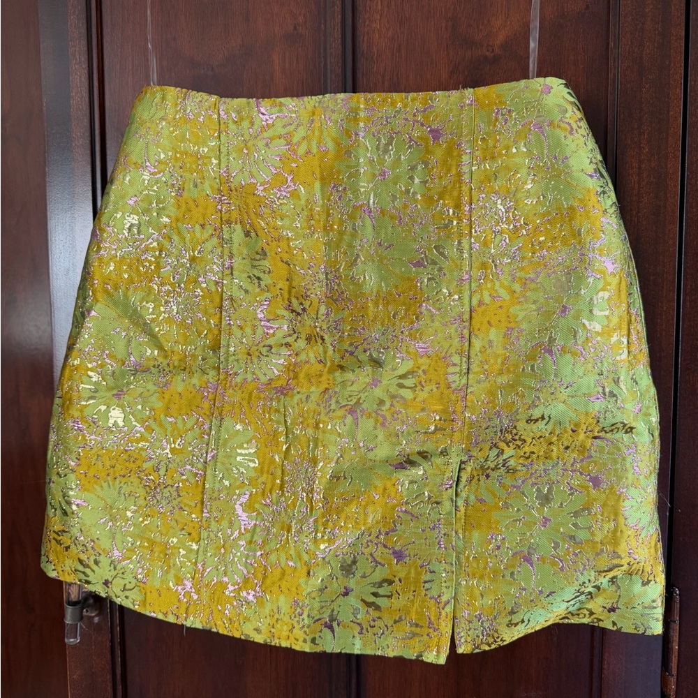 Floral Brocade Mini Skirt - Green and Gold